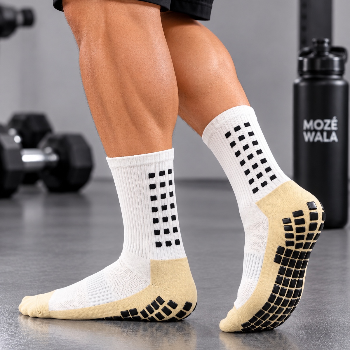Shadow Grip – White & Beige Anti-Slip Socks.